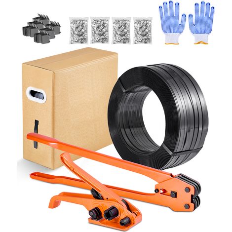 Mophorn Juego de Flejes Manuales Banda PET 15,9mm x 610m, Kit de Herramientas para Flejado con Tensor, Selladora, Guante, 600 Sellos Metálicos y 200 Protectores de Esquinas, Ideal para Empaquetado