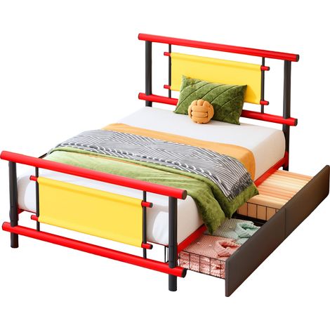 CHICFURN Cama infantil 90x200 cm metálica roja con cajones, sin colchón (1/5)