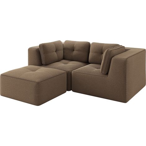 Canapé d’angle modulaire et configurable, canapé en L deux places sans cadre avec repose-pieds mobile, confortable en velours côtelé, adapté au salon et à la chambre, marron (1/5)