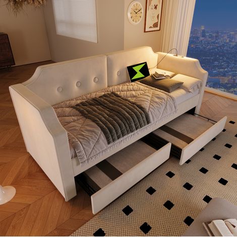 CHICFURN Sofá cama 90x200 cm de terciopelo beige con USB Type-C, lámparas y 2 cajones (1/5)
