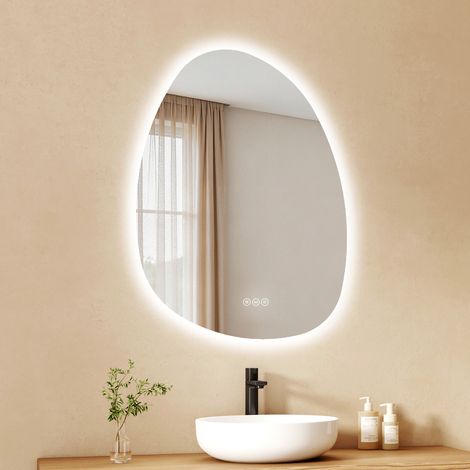 EMKE LED-Badspiegel asymmetrisch 55×75 cm Wandspiegel mit Antibeschlag, 3 Lichtfarben, dimmbar, Touch-Steuerung
