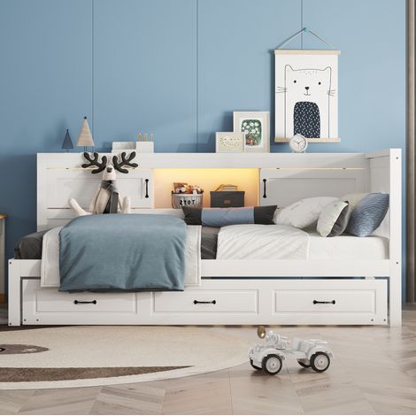 Cama nido de madera blanca 90x200 cm con cama extra, LED, almacenaje lateral, enchufe y USB (1/5)