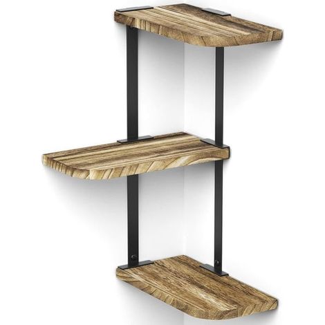 Étagère murale d’angle 3 niveaux en bois rustique noir carbonisé, rangement pour salon, chambre, cuisine (1/5)