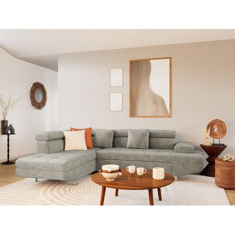 Bestmobilier – Canapé d'angle gauche 5 places convertible – Coffre de rangement – Têtières réglables – Velours texturé – Couchage 127x115cm – Style contemporain