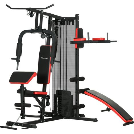 Kraftstation, Multifunktionale Fitnessstation mit Butterfly- & Latzugstange, Curler, Brustpresse, Sit-Up-Bank, Fitnessgerät mit 65 kg Gewichtsblöcken für Zuhause, Schwarz