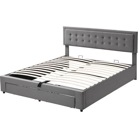 Polsterbett mit Bettkasten aus grauem Samt 180 x 200 mit Lattenrost und Schubladen MODENUIT (1/5)