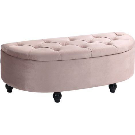 Pink Semi-Circle Ottoman Storage Bench for Bedroom and Entryway,Tufted Upholstered Footrest Stool with Rubberwood Legs,120x46x42cm