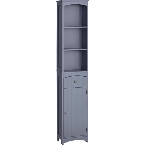 Meuble de salle de bain haut et étroit avec 1 tiroir et 3 étagères ouvertes, style moderne, 34 x 24 x 170 cm, gris