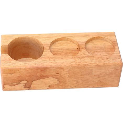 Support de porte-filtre à café en bois à 3 emplacements avec tasseur intégré, pour comptoir de bar à domicile. Couleur bois. Ouverture latérale. (1/5)