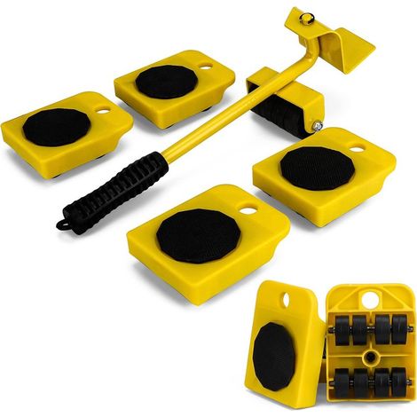 Un ensemble de 5 pièces pour le déménagement d'objets lourds, comprenant des outils facilitant le transport et des meubles jaunes. (1/5)