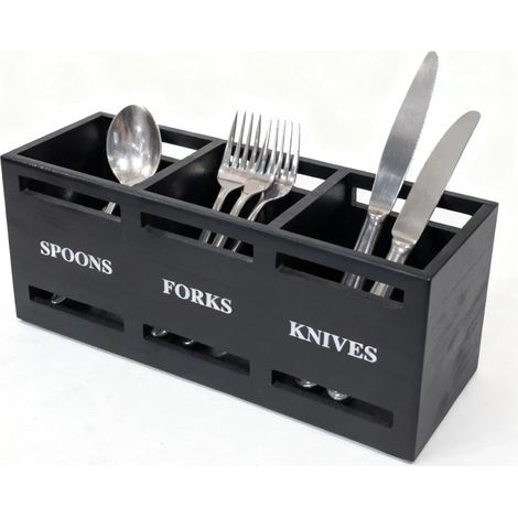 Schwarze Besteckaufbewahrungsbox aus Holz mit Fächern, (1/5)