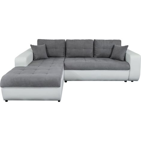 Canapé d'angle SUZIE Convertible en Simili et Microfibre - Angle Gauche, Blanc et Gris (1/10)