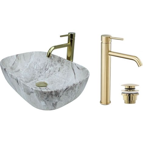 GTM Design Aufsatzwaschbecken 46 cm Matt Set mit Waschtischbatterie und Stopfen - Aufsatzwaschbecken Oval für Badezimmer - Modernes Waschbecken ohne Hahnloch - Waschbecken mit Armature (1/5)