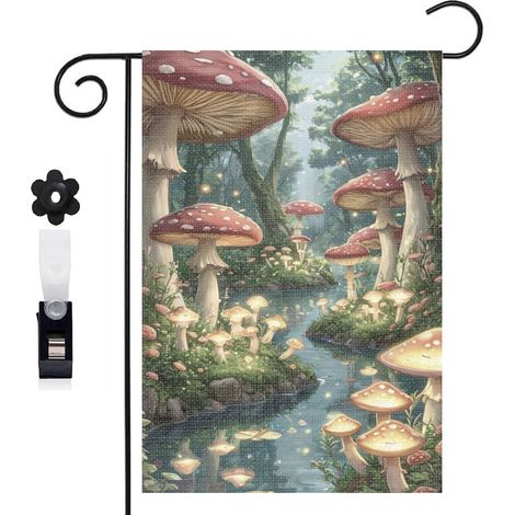 Drapeau de jardin bienvenue 30 x 45 cm motif forêt enchantée et champignons colorés toile double face (1/5)