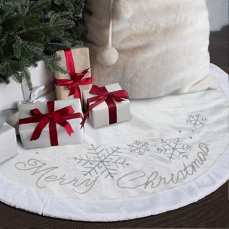 Falda para árbol de Navidad de arpillera blanca con líneas plateadas y ribete de piel sintética de 48 pulgadas. (1/5)