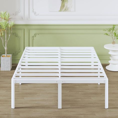 Lit Metal 160 x 190 cm avec Pieds d'angle Ronds, 46 cm de Haut, 2 Places, Cadre de Lit 160x190 avec Sommier à Lattes en Métal, Deux Personnes, Espace de Rangement en Dessous, Blanc (1/5)