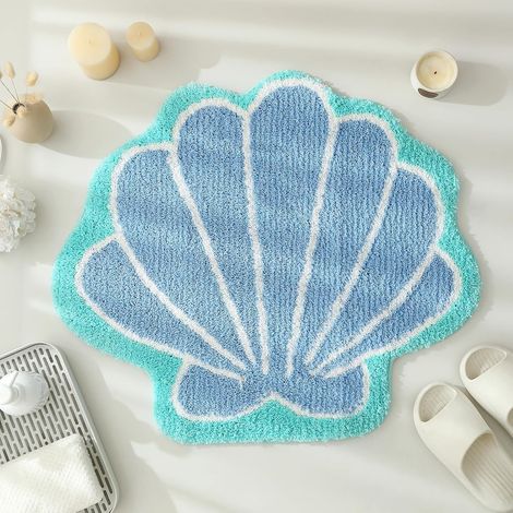 Tapis de Bain Coquillage Bleu, Tapis de Bain océan étoile de mer, Absorbant antidérapant Lavable en Microfibre, Descente de Bain pour Salle de Bain, décoration Marine 56x66 cm (1/5)