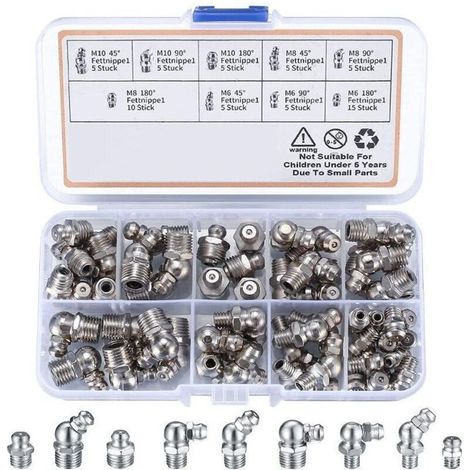 60 Pices graisseur a Visser, Assortiment Graisseur M6 M8 M10, Droit Graisse Raccord 45 90 180, avec Bote en Plastique, pour quipement Mcanique, Embout de Graissage Fixations