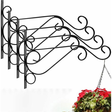 Lot de 4 supports pour plantes en fer forgé avec vis - 30,5 x 20,5 cm - Support mural rétro pour jardin, balcon, lanterne, plantes - Noir (1/4)
