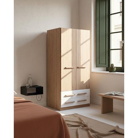 Armadio Ethan H.186 - Guardaroba moderno - 2 ante 2 cassetti - Struttura virginia e cassetti bianchi - 1 ripiano regolabile incluso (1/4)