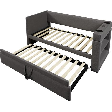 Cama de día tapizada 90x190 cm con cama nido, puertos USB-C y portavasos gris MODENUIT (1/5)