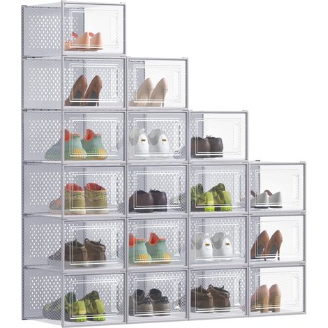 Boîtes à Chaussures, Rangement Chaussures en Plastique, Pliables et Empilables, pour Pointure Jusqu’à 47, Lot de 18, Transparent et Gris Tourterelle LSP077G18 (1/5)