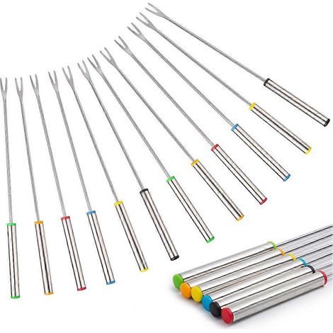 Lot de 12 fourchettes à fondue en acier inoxydable de 24 cm (9,5 pouces) avec code couleur, fourchettes à fromage et à fruits en acier inoxydable avec isolation thermique (1/5)