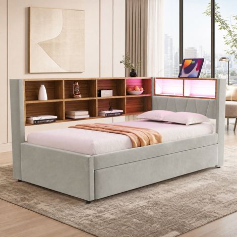 Cama nido 90x200 cm con LED y USB, gris claro, estructura de madera, sin colchón (1/5)