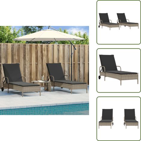 The Living Store Chaises longues avec coussins lot de 2 gris résine tressée - Chaise Longue - Transats - Lit De Bronzage - Fauteuil De Jardin - Mobilier De Jardin