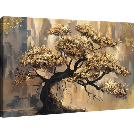 Quadro Tela Foglie Dorate Parete Astratta 90x60 cm (1/5)