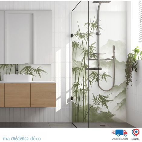Panneau de douche : Bambous et montagnes zen - Couleur Vert jaune - Alu composite - 120 - 245 (1/3)
