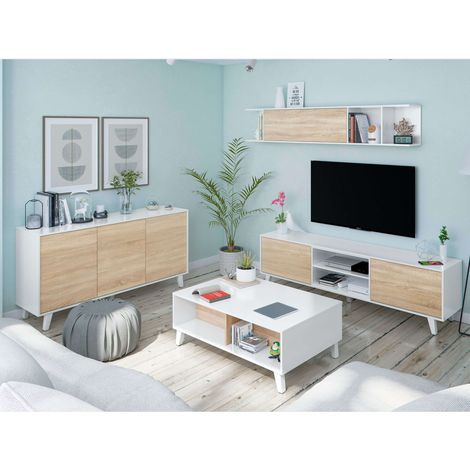 Kit 3 Muebles Salón Comedor Color Blanco Zaiken y Roble Canadian (mueble tv+estante, mesa de centro elevable y aparador buffet)
