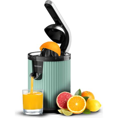 Spremiagrumi elettrico a leva retrò con potenza di 600 W, filtro in acciaio inossidabile, cono spremitore in plastica, leva per estrarre la polpa e sistema antigoccia.