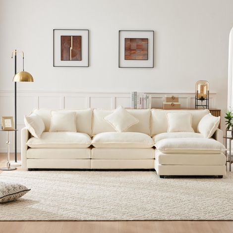 Canapé d'angle moderne en forme de L, canapé recouvert de chenille, trois places avec pouf, meuble rembourré, convient au salon et à la chambre, beige, (1/5)