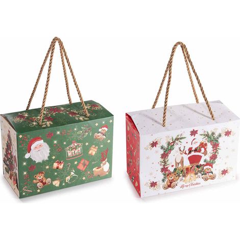 Scatole regalo di Natale in carta con fantasia natalizia e manici in corda. Ideale per confezionare regali, set da 20 pezzi, cm 18 x 9 x 12 H