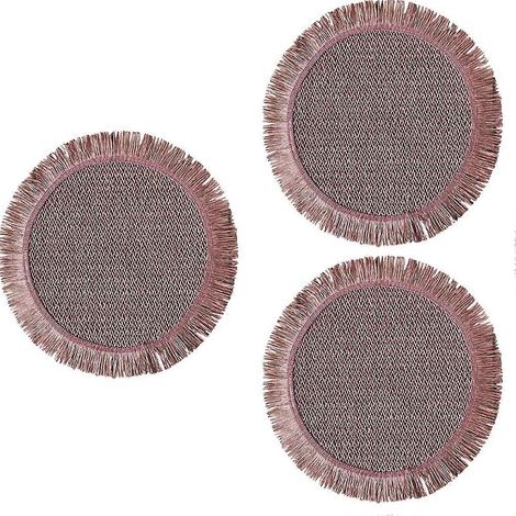Ensemble de 3 sets de table ronds en papier tissé à la main avec bordure à pompons, antidérapants rouges (1/5)
