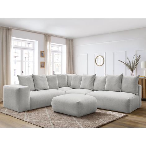 BOBOCHIC - Canapé d'angle fixe modulable VOLTAIRE avec 2 chauffeuses 2 places, 1 angle et 1 chauffeuse 1 place tissu chiné avec pouf Angle gauche Gris clair (1/5)