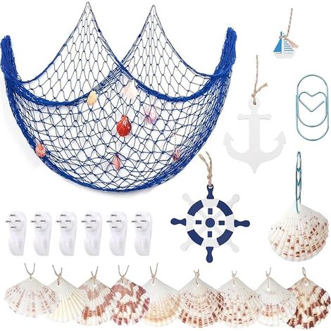 Filet de pêche décoratif avec coquilles,Voilier en bois,Roue de Bateau,ancre en bois,Crochets,trombone pour Décoration Maritime Décoration Murale (Bleu) (1/5)