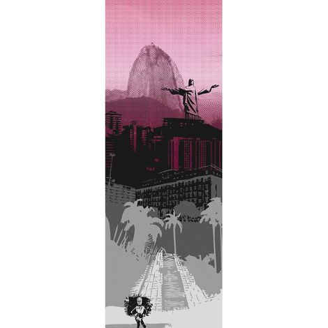 Papier peint panoramique rose & gris Rio de Janeiro | Tapisserie panoramique Christ Rédempteur & palmier moderne | Papier peint panoramique salon - 280 x 100 cm (1 pièce) (1/2)