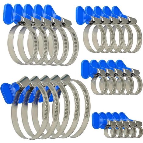 Confezione da 25 fascette stringitubo regolabili in acciaio inossidabile per tubi dell'acqua, fascette stringitubo in metallo per piscine, gas e piscine - 5 misure (10-70 mm) con dadi ad alette