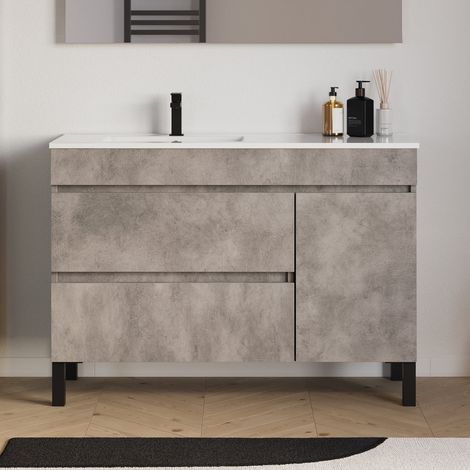 Meuble de salle de bain 120cm sur pieds avec vasque déportée à gauche - sans miroir - porte et tiroirs - ciment (gris) - LAZARO (1/5)