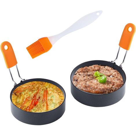 Grands cercles à œufs de haute qualité (diamètre de 8,9 cm / 3,5 pouces, lot de 2) – Cercles de cuisson avec pinceau à huile moules pour œufs au plat, muffins aux œufs et œufs parfaitement ronds