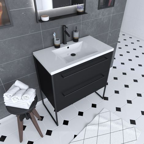 Mobile Bagno 80x50 NERO OPACO - 2 cassetti nero opaco - lavabo bianco - STRUCTURA