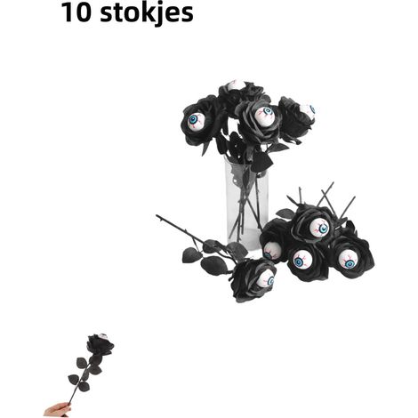 Lot de 10 roses artificielles en forme d'œil - Fleurs artificielles - Branche unique - Décoration d'Halloween - Noir (1/5)