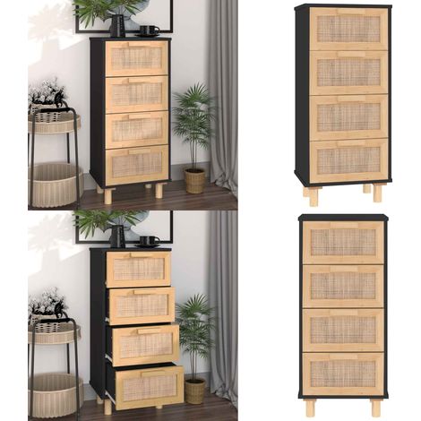 Buffet Noir 40x30x90 cm Bois de pin massif et rotin naturel - Buffet Noir - Meuble Rangement - Commode - Mobilier Salon - Décoration Intérieure - Home & Living