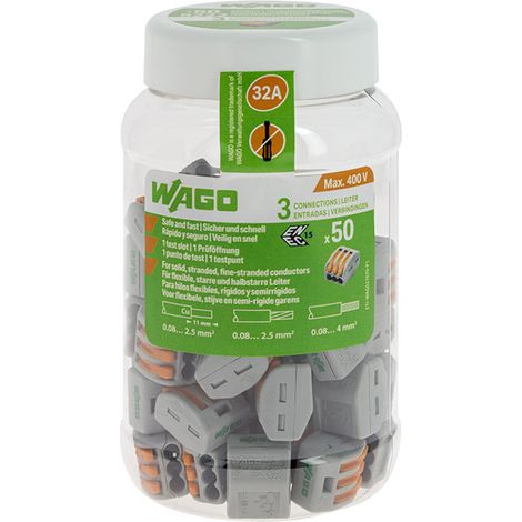 Wago – Borne de connexion automatique 3 entrées 50mm² – Raccordement sans outil jusqu'à 32A – Pour fils souples et rigides