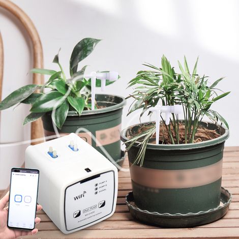 Système d'irrigation intelligent WiFi avec double pompe, système d'irrigation goutte à goutte automatique programmable et télécommande via application pour jardin, terrasse et plantes/fleurs en pot. (1/5)