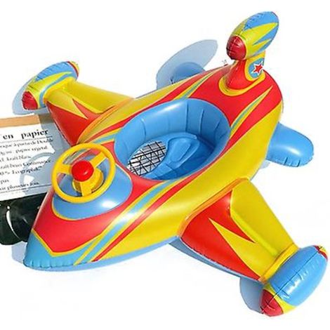 Bouée natation enfant avion jaune bleu, flotteur piscine gonflable, anneau aquatique réutilisable, jouet d'eau léger 560g, accessoire baignade extérieur. (1/3)