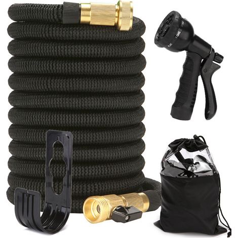 Tuyau d’arrosage extensible 30 m avec pistolet à 8 modes et raccords, 1/2" et 3/4" Adaptateurs, tuyau d’eau flexible pour jardin, lavage voiture et nettoyage extérieur, noir (1/5)