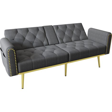 Sofá cama plegable de terciopelo gris con respaldo ajustable y portavasos (1/5)
